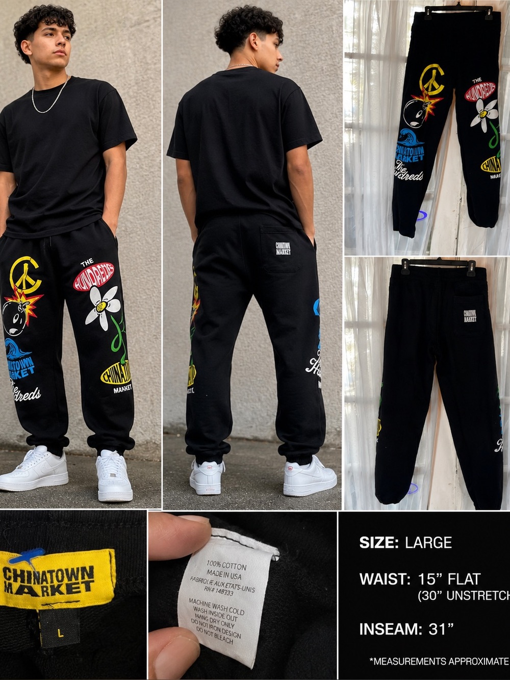 Chinatown Market Graphic Sweatpants Black Size L Made In USA Streetwear Joggers